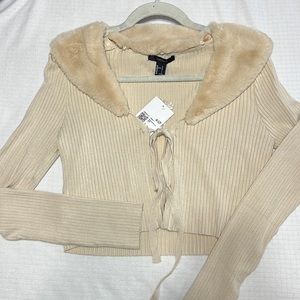 Beige Sweater with Fur Collar, Ties in front.